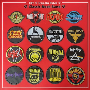 May include: A collection of iron-on patches featuring logos of classic rock bands, including AC/DC, Mötley Crüe, and Nirvana. The patches are round and rectangular, with various colors and designs. The text "FRT Iron-On Patch Classic Rock Band" is at the top.