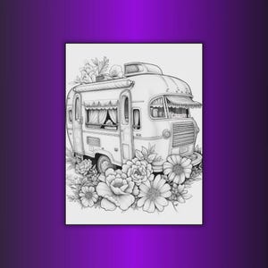 May include: Black and white line art illustration of a vintage camper surrounded by flowers. The camper has a rounded shape, awnings, and windows. The flowers include large blooms and detailed foliage, creating a whimsical scene.