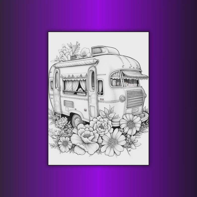 May include: Black and white line art illustration of a vintage camper surrounded by flowers. The camper has a rounded shape, awnings, and windows. The flowers include large blooms and detailed foliage, creating a whimsical scene.