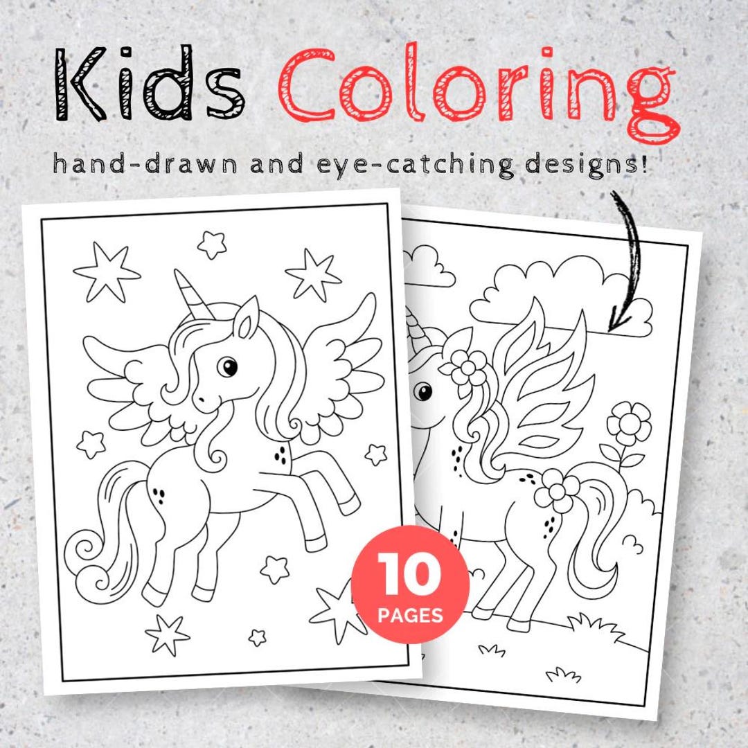10 Unicorn Coloring Pages for Kids | 10 Pages | Hand-drawn and Eye ...