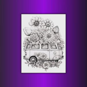 May include: Black and white illustration of a vintage van overflowing with flowers. The van is detailed with windows and a front bumper. Large sunflowers, peonies, and other blooms create a floral arrangement on top and around the vehicle.