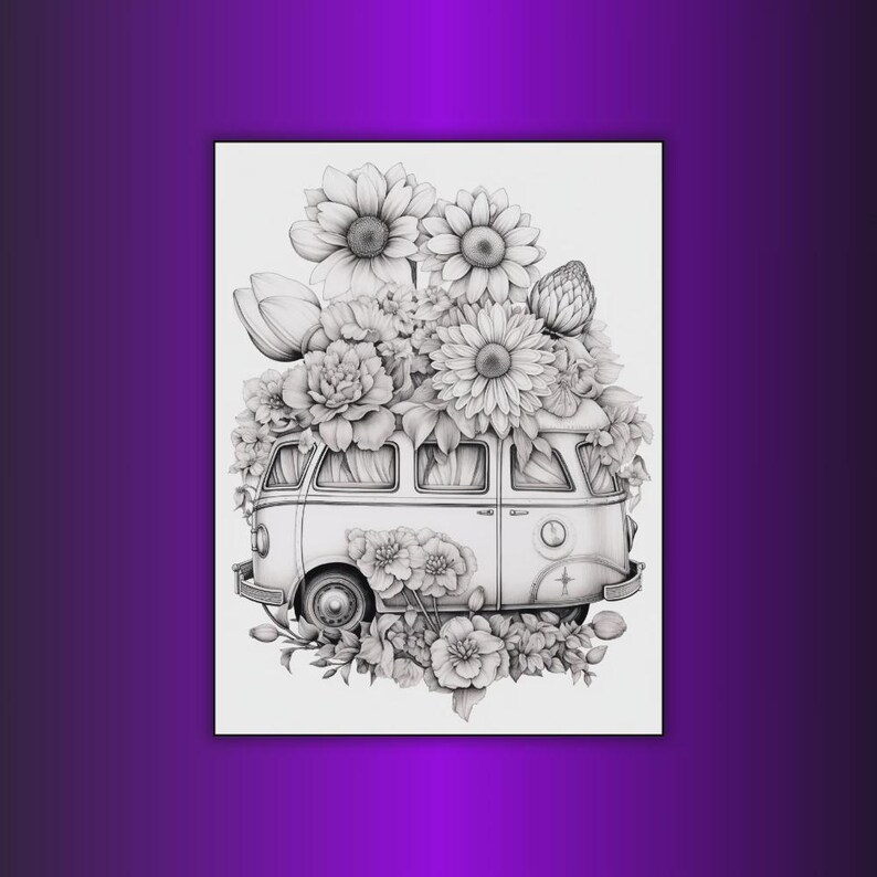 May include: Black and white illustration of a vintage van overflowing with flowers. The van is detailed with windows and a front bumper. Large sunflowers, peonies, and other blooms create a floral arrangement on top and around the vehicle.
