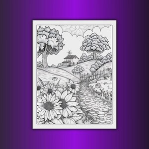 May include: Black and white line art of a countryside scene. A winding stone path leads past sunflowers and a wooden fence towards a house on a hill. Trees and clouds fill the background, creating a peaceful landscape.