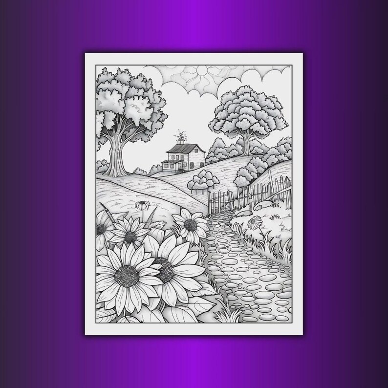 May include: Black and white line art of a countryside scene. A winding stone path leads past sunflowers and a wooden fence towards a house on a hill. Trees and clouds fill the background, creating a peaceful landscape.
