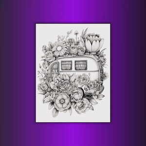May include: Black and white illustration of a vintage camper surrounded by an abundance of detailed flowers. The camper has three windows and is adorned with roses, daisies, and other floral elements, creating a whimsical and artistic design.
