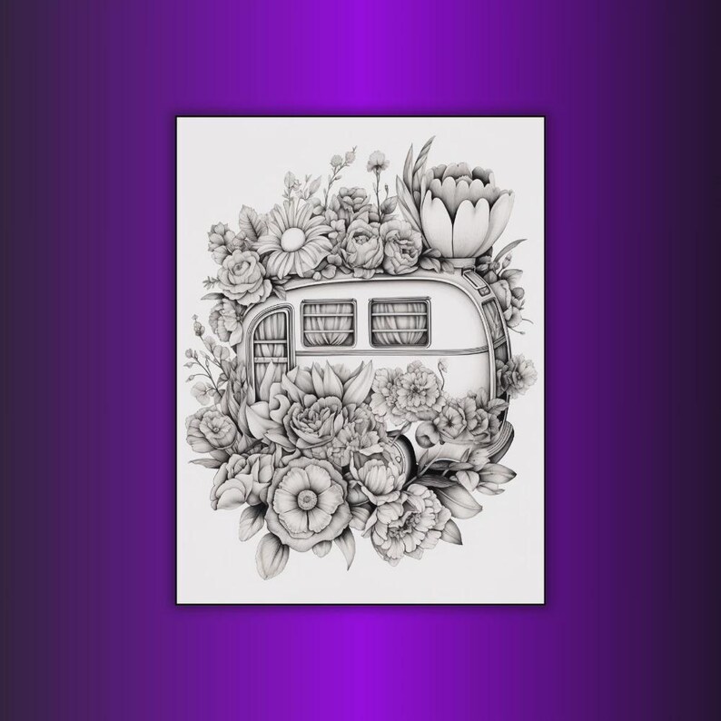May include: Black and white illustration of a vintage camper surrounded by an abundance of detailed flowers. The camper has three windows and is adorned with roses, daisies, and other floral elements, creating a whimsical and artistic design.