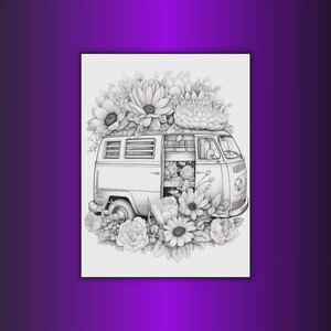 May include: Black and white illustration of a vintage van overflowing with flowers. The van's side door is open, revealing more flowers inside. Daisies, roses, and other blooms surround the vehicle, creating a floral theme.