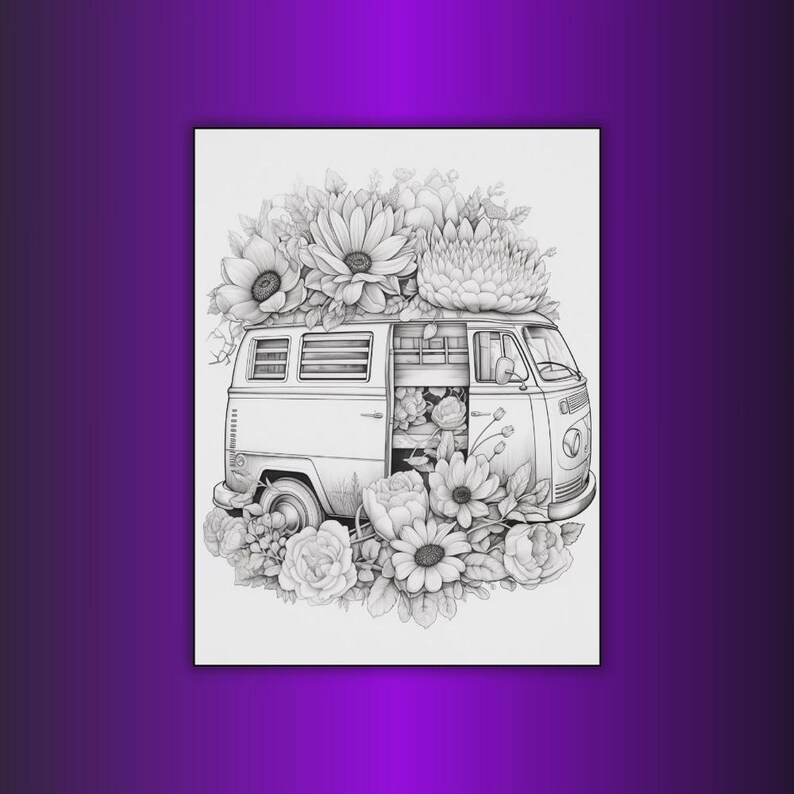 May include: Black and white illustration of a vintage van overflowing with flowers. The van's side door is open, revealing more flowers inside. Daisies, roses, and other blooms surround the vehicle, creating a floral theme.