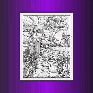 May include: Black and white illustration of a garden scene with a stone path leading to a wooden gate and a cottage. The scene includes a stone wall, flowers, trees, and a second cottage in the background.