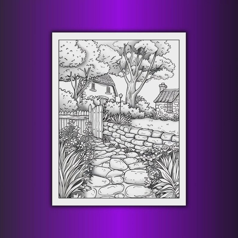 May include: Black and white illustration of a garden scene with a stone path leading to a wooden gate and a cottage. The scene includes a stone wall, flowers, trees, and a second cottage in the background.