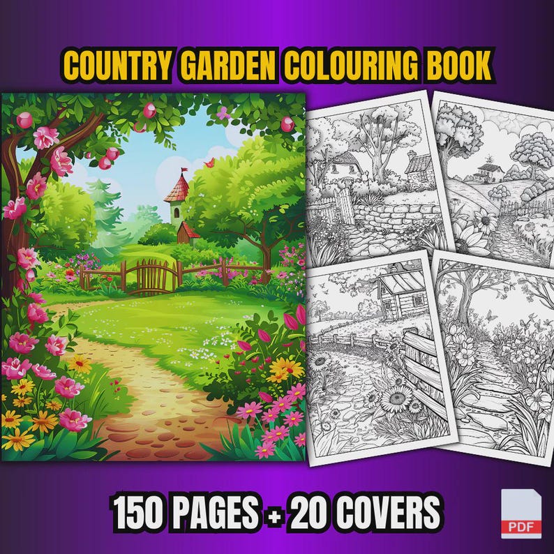 May include: A "Country Garden Colouring Book" with a colorful cover illustration of a garden path leading to a small building. The book includes 150 pages and 20 covers. Four black and white coloring pages are visible.