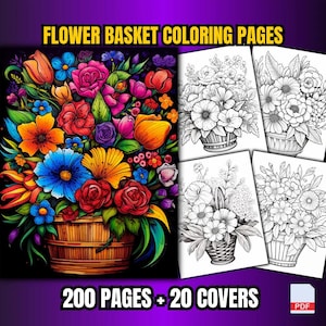 200 Flower Basket Coloring Pages | 200 Pages | Adult Coloring | Kids Coloring | Printable Page | PDF Format
