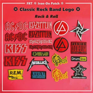 Puede incluir: Un conjunto de parches termoadhesivos con logotipos de bandas de rock clásicas, incluyendo AC/DC, Led Zeppelin, Kiss y Nirvana. Los parches son de varias formas y colores, con texto como "Parental Advisory" sobre un fondo rojo.