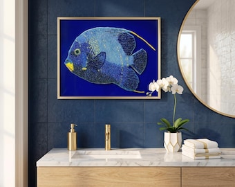 Handmade Seed Bead Angelfish Wall Art Blue Tropical Fish Painting Beaded Ocean Decor Unique Aquarium Lover Gift Coastal Sea Life Art