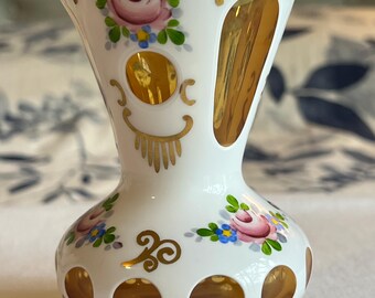Bohemian Czech, Cased Cut to Amber Vintage Handpainted Vase. Beautiful Piece. 4.5&quot; x 3.25&quot;