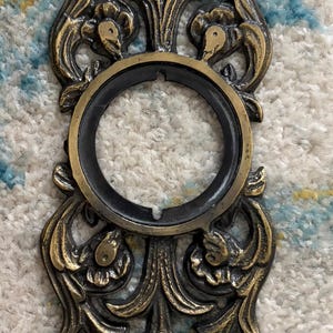 May include: An elongated, vertical brass door plate featuring an intricate, symmetrical relief pattern of scrolling acanthus leaves and floral motifs. The center contains a circular opening with a dark, recessed inner rim for hardware installation.