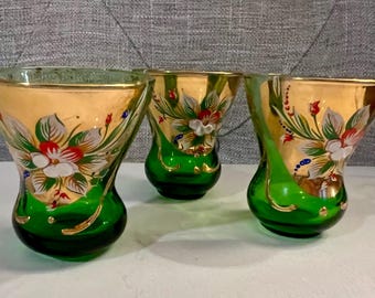 Venetian Italian Green Shot/ Liqueur Glasses (Set of 3) Hand Painted Flower Gold