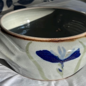 Vintage Hand-Made Pottery Bowl with Blue Accents