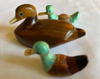Vintage Zuni Duck Fetishes with Cowrie Shell, Turquoise, and Mother of Pearl/ Shell (Pair); and Hardwood Miniature Duck Carving with Inlay