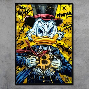 Poster Bitcoin di Paperone - Opera d'arte motivazionale sulle criptovalute, arredamento per la casa, mentalità sul denaro, pop art, pronta da appendere.