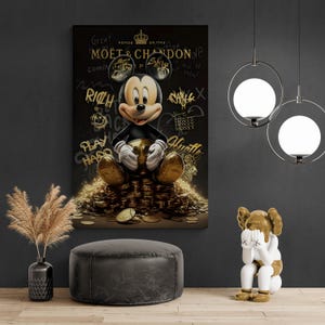 Topolino e i soldi dorati - Poster pop art ispirato a Moët / Stampa su tela con stile di vita Hustle & Rich / Decorazione con graffiti e cartoni animati