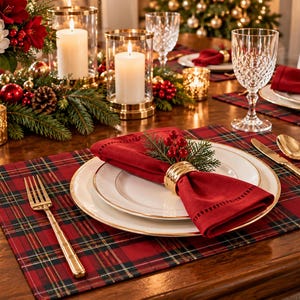 May include: A holiday table setting featuring a red and green plaid placemat, white plates with gold rims, and a red cloth napkin secured with a gold ring. A gold fork, knife, and spoon are placed alongside a centerpiece of greenery and candles.