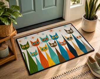Mid Century Modern Cat Doormat | Retro Cat Kitchen Mat | Colorful Entryway Rug | Atomic Cat Decor | Cat Lover Gift | Geometric Floor Mat