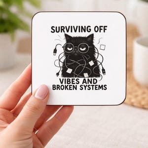 Drink Coaster, Wide-Eyed Black Cat Coaster,  Co-worker Gift, Grumpy Kitty