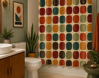 Retro Shower Curtain Rounded Squares | Mid Century Modern Geometric Pattern