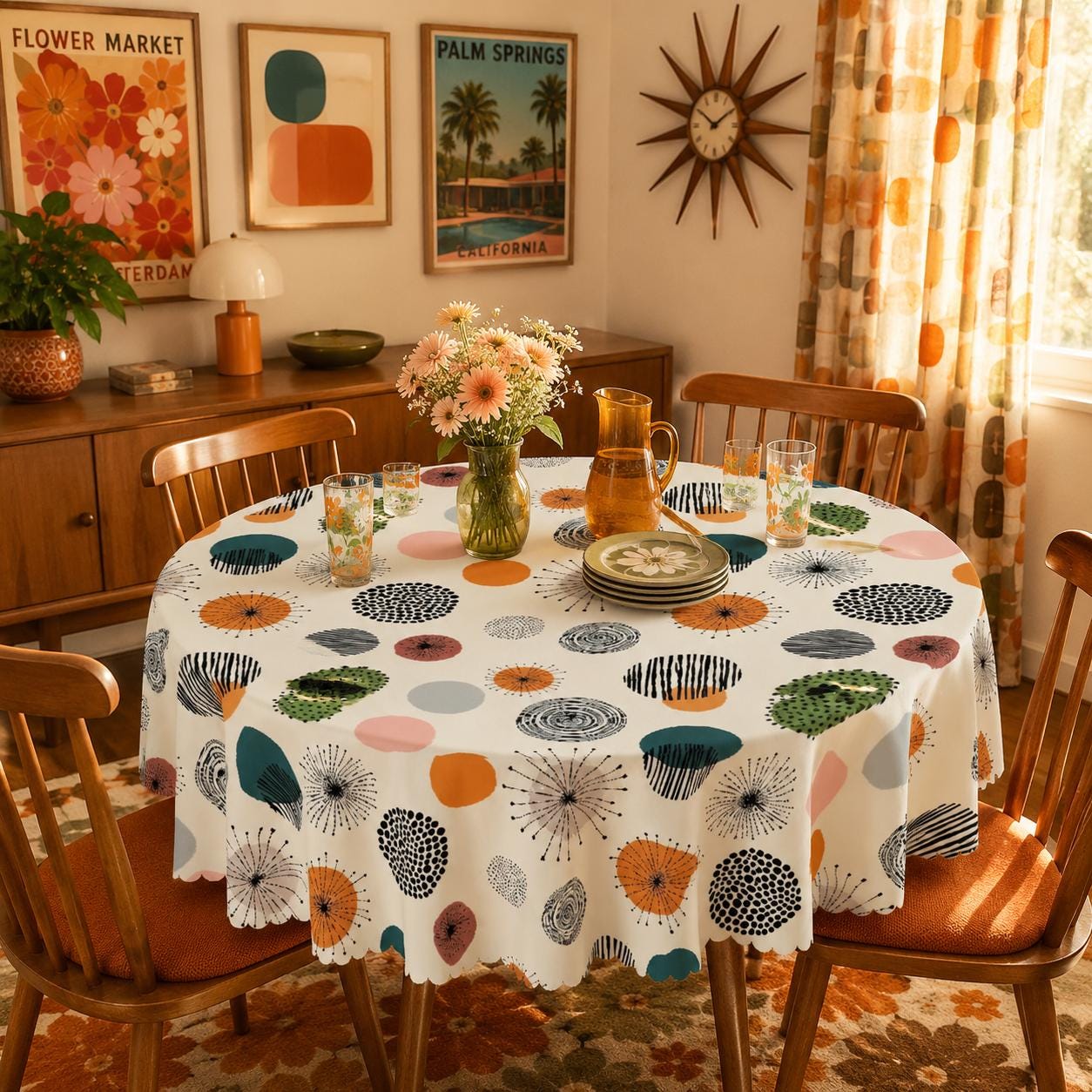 Mid-century Modern, Round Tablecloth With Wavy Edge 60