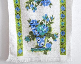 Blue Green Floral Hand Towel, Vintage