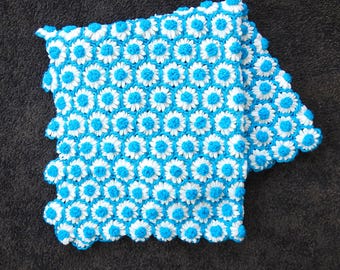 Vintage Crochet Afghan, Blue White Daisy Throw Blanket, 45x50