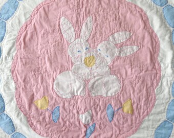 Vintage Handmade Baby Quilt, Bunny Applique Quilt, 35x54