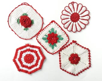 Vintage Crochet Potholders, Set of 5