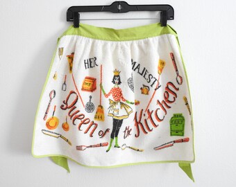 Vintage Terrycloth Apron, Waist Apron, Queen of the Kitchen