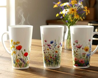 Floral Latte Mugs, 17oz Ceramic Cup Set of 3 Floral Designs