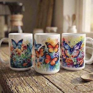 Set of Big Mugs, Butterfly Cup Set, Large 15 oz Matching Cups