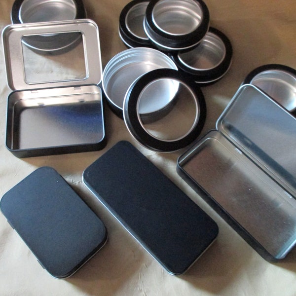 Black Tins, Tin Containers, multiple sizes - Craft Tin, Stash Container, Gift Tin, Tin Box