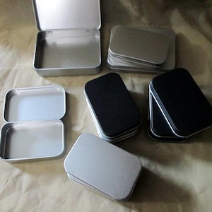 Silver and Black Hinged Tins, Hinged Lid Tin Containers, multiple sizes - Craft Tin, Stash Container, Tin Box