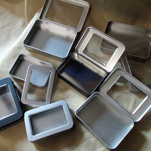 Silver and Black Window Tins, Tin Containers, multiple sizes - Window Lid, Craft Tin, Stash Container, Tin Box