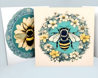 May include: A greeting card featuring a bee with yellow and black stripes surrounded by white and yellow flowers. The bee is in the center of a blue circle with a white border.