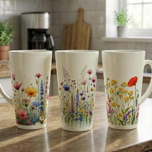 May include: Three tall, cream-coloured ceramic mugs featuring colourful botanical illustrations of wildflowers. Each mug displays a unique arrangement of flowers in shades of pink, yellow, blue, and purple, with a smooth finish and a sturdy handle.