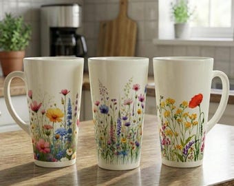 Floral Latte Mugs, 17oz Ceramic Cup Set of 3 Floral Designs