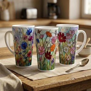 May include: Three tall ceramic mugs featuring a colorful stained glass style floral pattern. Each mug displays a variety of wildflowers in shades of red, pink, orange, blue, and white, set against a light background with a handle on the side.