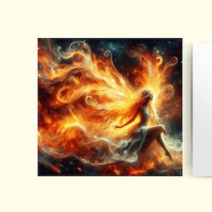 May include: A woman with long flowing hair and a white dress is surrounded by swirling flames. The flames are a mix of orange, yellow, and red, and they create a sense of movement and energy. The woman's hair is also on fire, and she appears to be floating in the air.