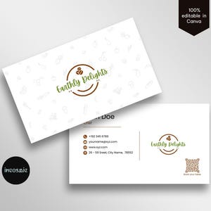 Puede incluir: Una tarjeta de visita blanca con un círculo marrón y texto verde que dice "Earthly Delights". El círculo tiene un pequeño gráfico de grano de café marrón en su interior. La tarjeta también tiene un código QR y el texto "Reserva tu mesa".