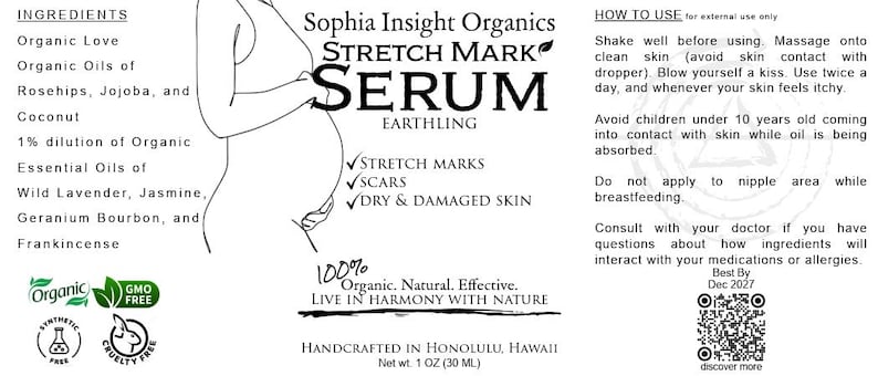 May include: A white label for Sophia Insight Organics Stretch Mark Serum. The label lists ingredients, including organic oils and essential oils. It also features instructions for use and states the product is handcrafted in Honolulu, Hawaii. Net wt. 1 oz (30 ml).