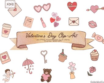 20 Alla hjärtans dag-clipartpaket, flickiga PNG-grafik (digital nedladdning)
