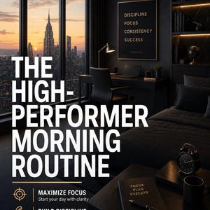 Può includere: Un'immagine interna di una camera da letto moderna con vista sulla città. L'immagine presenta il testo "THE HIGH-PERFORMER MORNING ROUTINE" e frasi motivazionali. Sono visibili anche una scrivania, un letto e dei libri, creando un'atmosfera produttiva e stimolante.