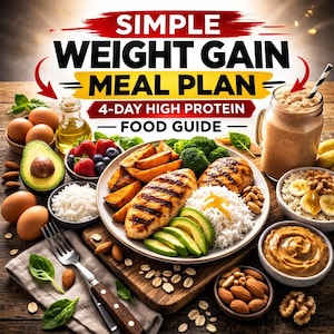 Puede incluir: Imagen colorida que muestra un plan de comidas para ganar peso. La imagen presenta una variedad de alimentos, incluyendo pollo a la parrilla, batatas, arroz, aguacate, bayas y nueces. El texto en la parte superior dice "SIMPLE WEIGHT GAIN MEAL PLAN" y "4-DAY HIGH PROTEIN - FOOD GUIDE."